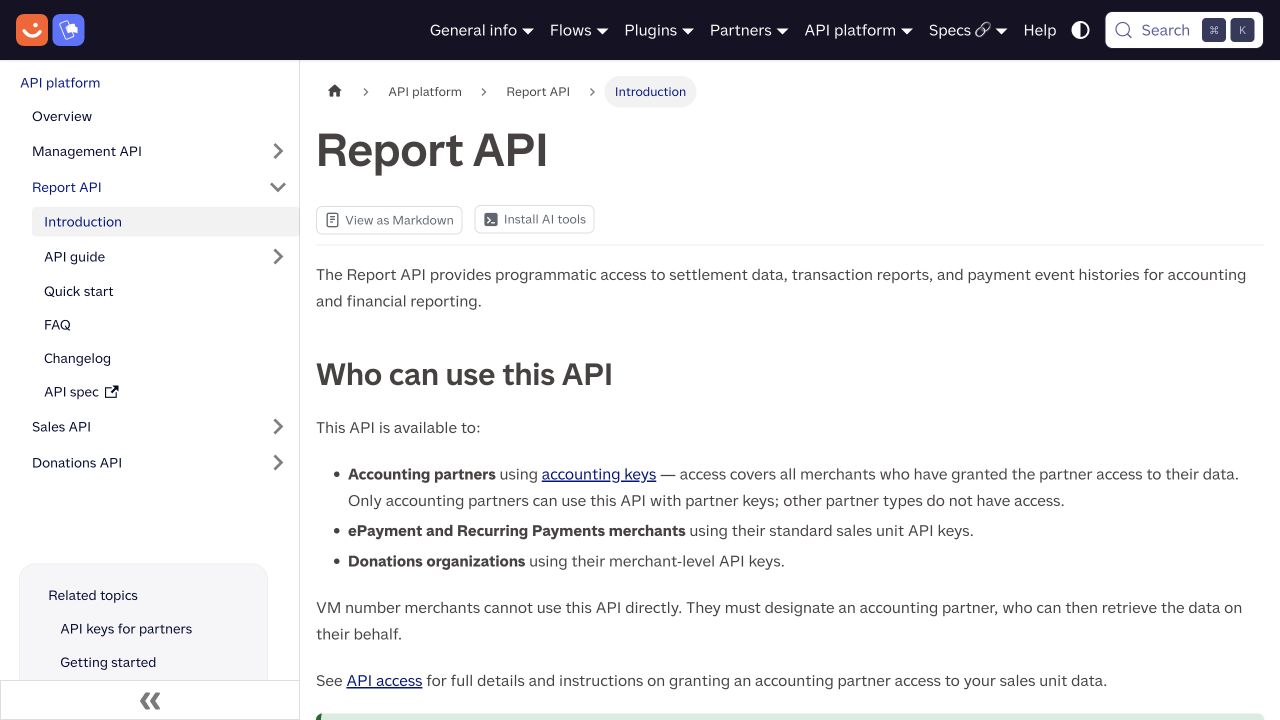 Report API documentation showing that an accounting partner retrieves Vipps number and MobilePay number data on the merchant's behalf.