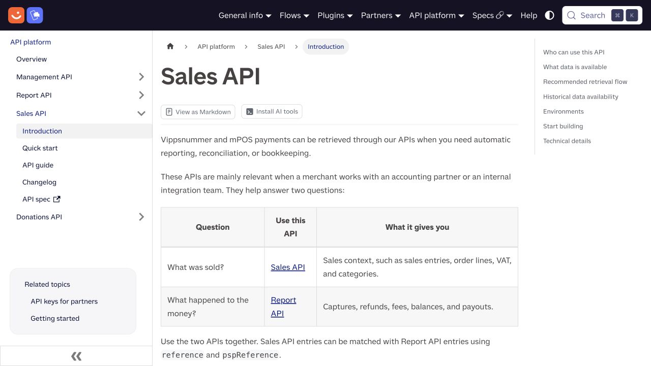 Sales API documentation showing the Sales API and Report API data available for accounting.